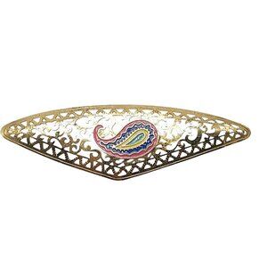 Vintage Gold Tone Filigree Brooch With Colorful Paisley Inlay Design